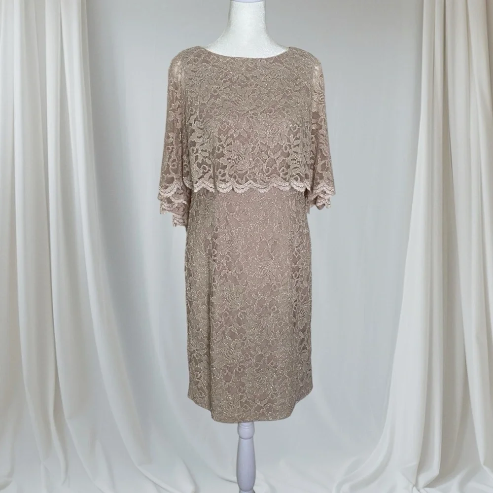 Jessica Howard Scalloped Shimmer Stretch Lace Capelet Dress Champagne 10P - Picture 3 of 9